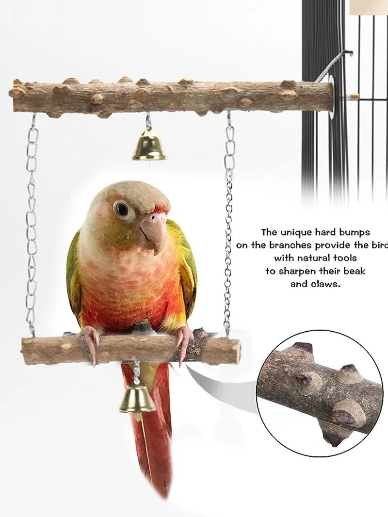 Natural Wood Bird Perch Stand – Double-Layer Parrot Toy with Beak & Claw Grinder