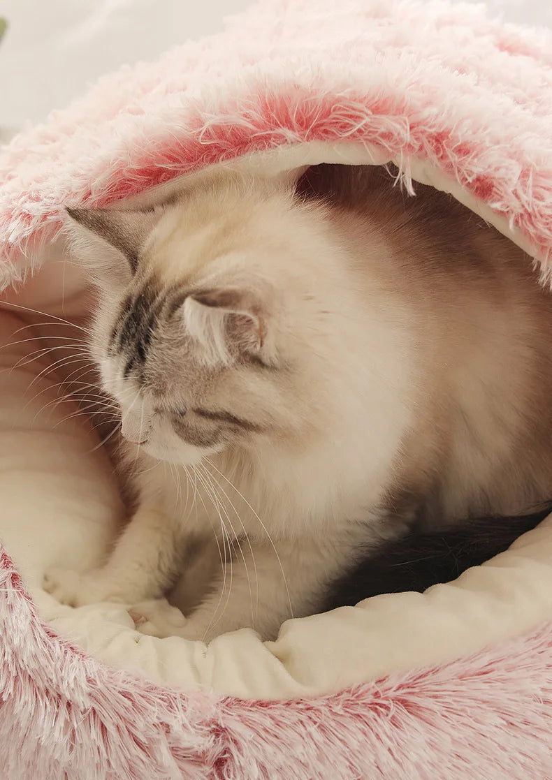 2-in-1 Plush Pet Bed with Hooded Shell – Warm & Cozy Cat and Dog Nest