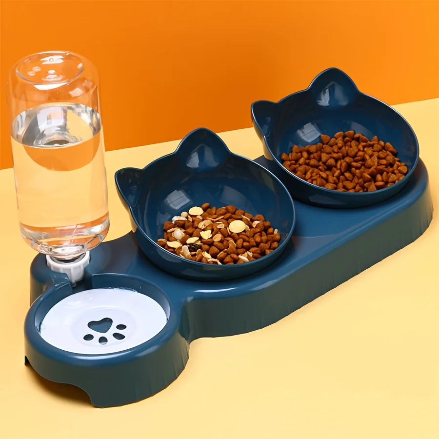 3-in-1 Tilted Cat Bowl Set with Gravity Water Dispenser – Neck Protection Design