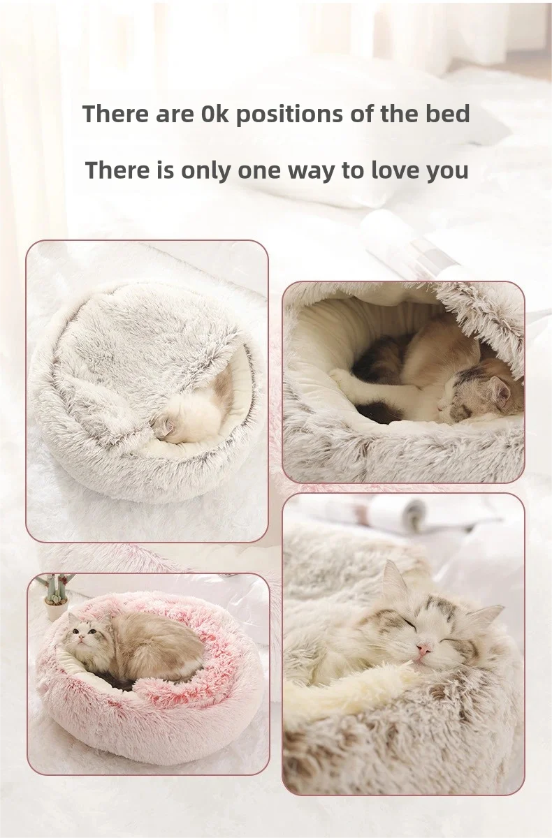 2-in-1 Plush Pet Bed with Hooded Shell – Warm & Cozy Cat and Dog Nest