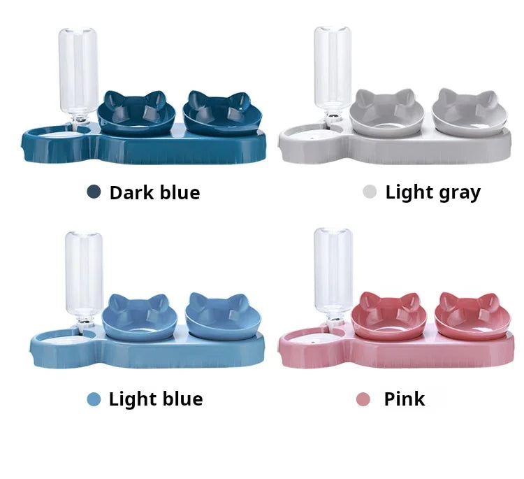 3-in-1 Tilted Cat Bowl Set with Gravity Water Dispenser – Neck Protection Design