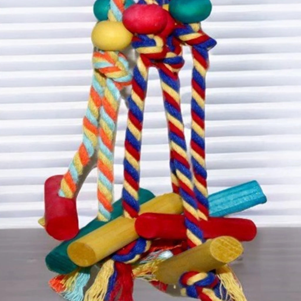 Colorful Rope & Wood Bird Toy – Climbing, Chewing & Foraging Enrichment