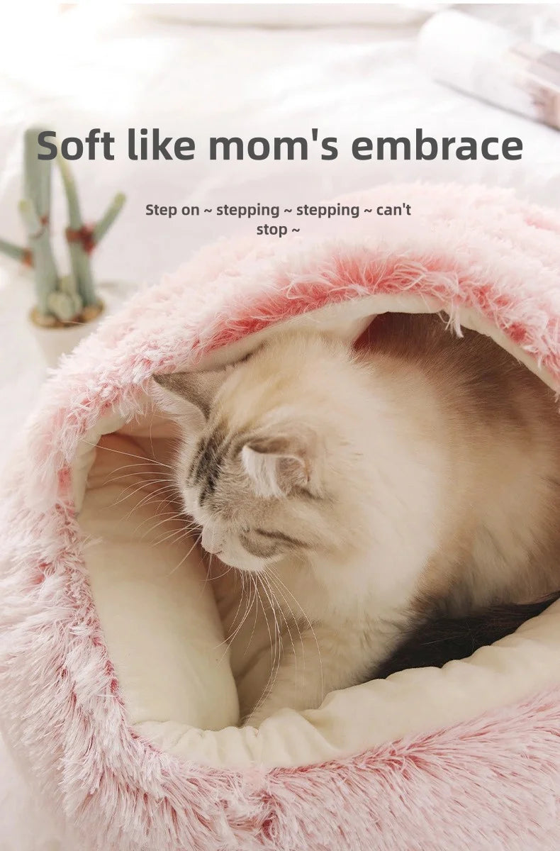 2-in-1 Plush Pet Bed with Hooded Shell – Warm & Cozy Cat and Dog Nest