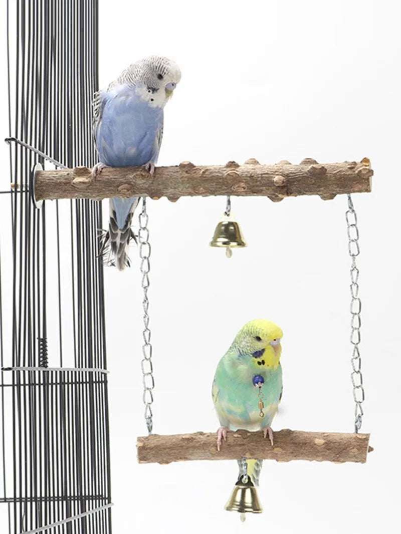 Natural Wood Bird Perch Stand – Double-Layer Parrot Toy with Beak & Claw Grinder