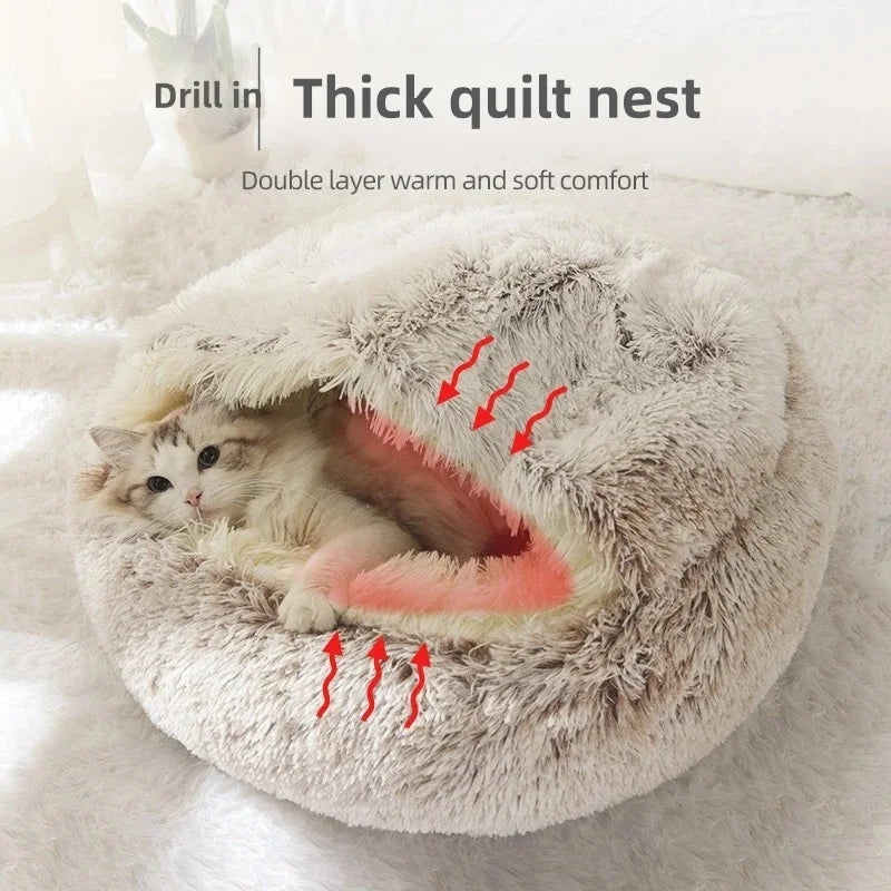 2-in-1 Plush Pet Bed with Hooded Shell – Warm & Cozy Cat and Dog Nest