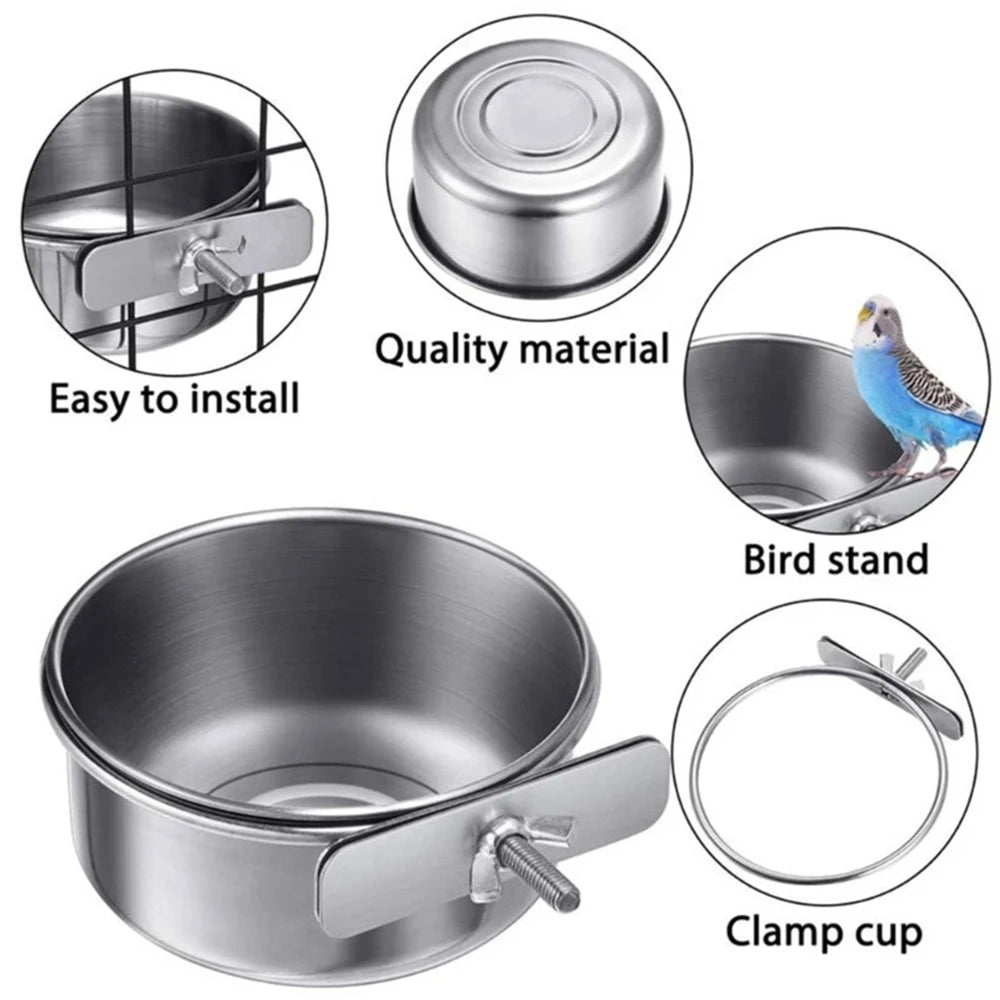 Stainless Steel Bird Feeder Bowl with Cage Clip