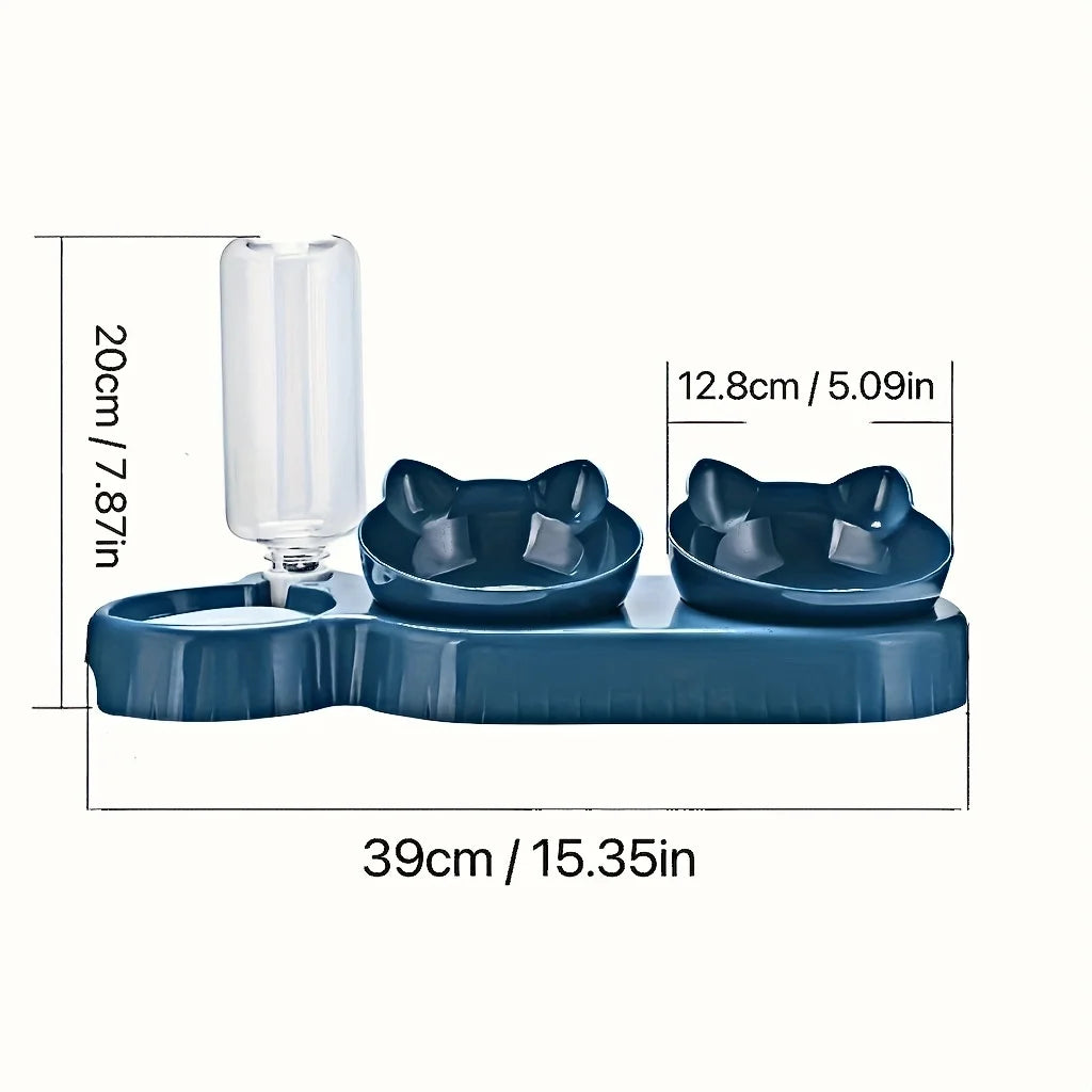 3-in-1 Tilted Cat Bowl Set with Gravity Water Dispenser – Neck Protection Design