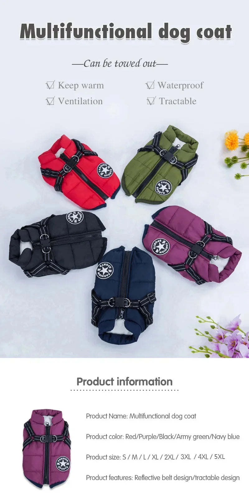 Winter Dog Jacket with Harness – Waterproof & Warm Coat for Large & Small Dogs
