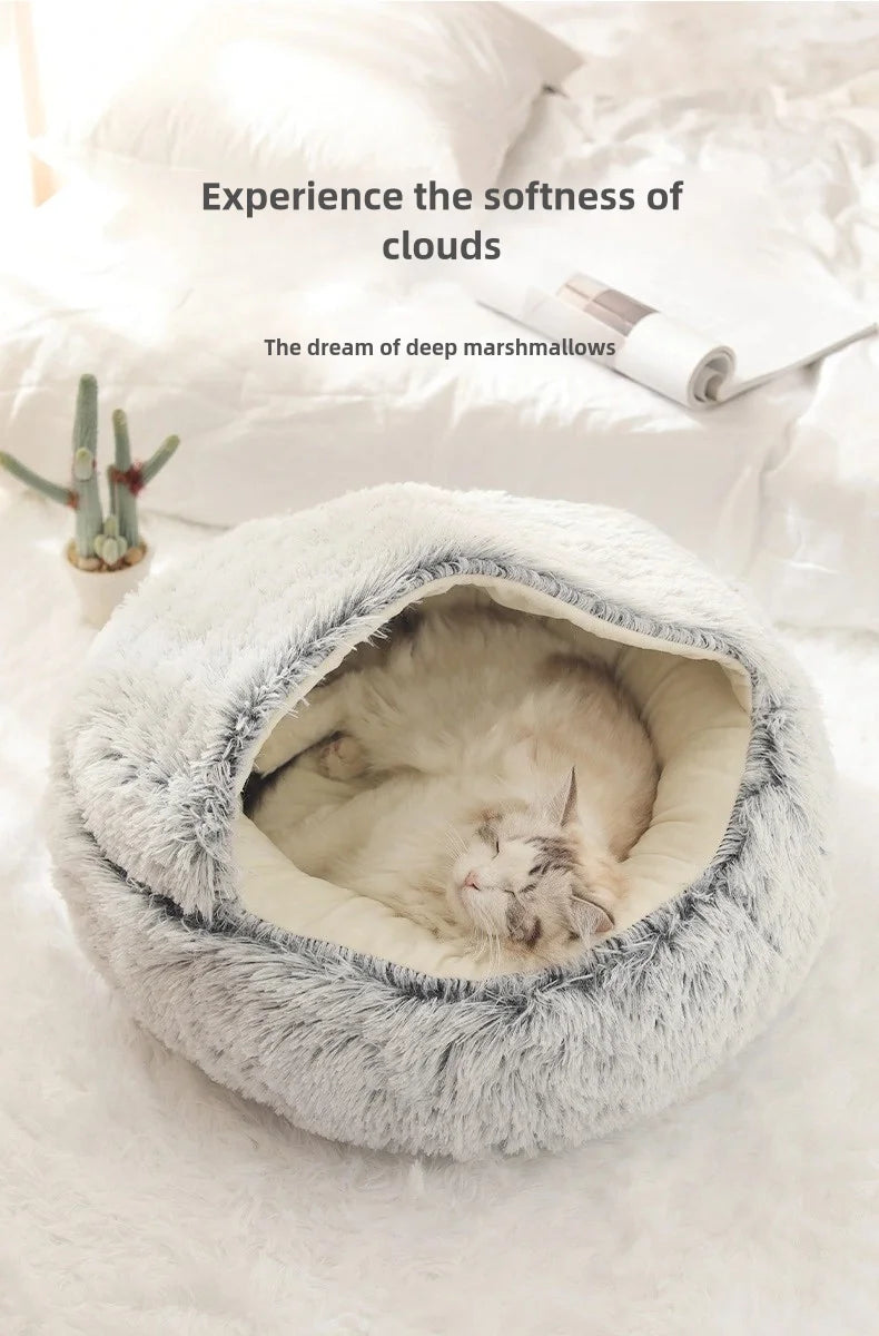 2-in-1 Plush Pet Bed with Hooded Shell – Warm & Cozy Cat and Dog Nest