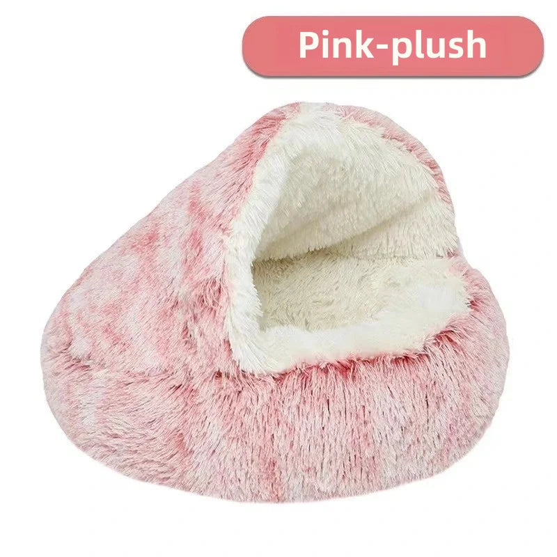 2-in-1 Plush Pet Bed with Hooded Shell – Warm & Cozy Cat and Dog Nest