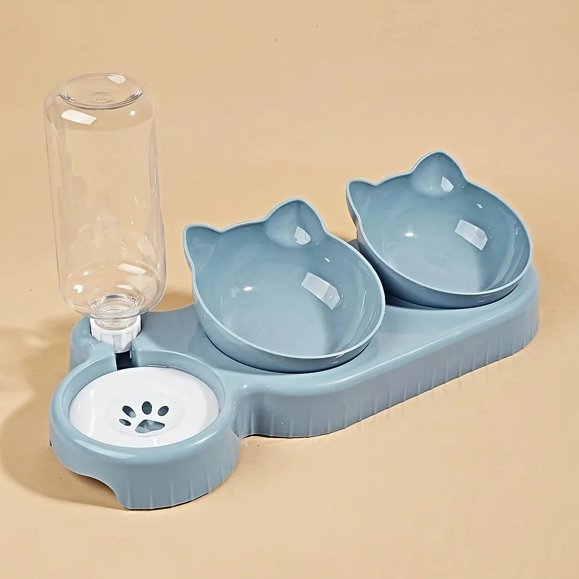 3-in-1 Tilted Cat Bowl Set with Gravity Water Dispenser – Neck Protection Design