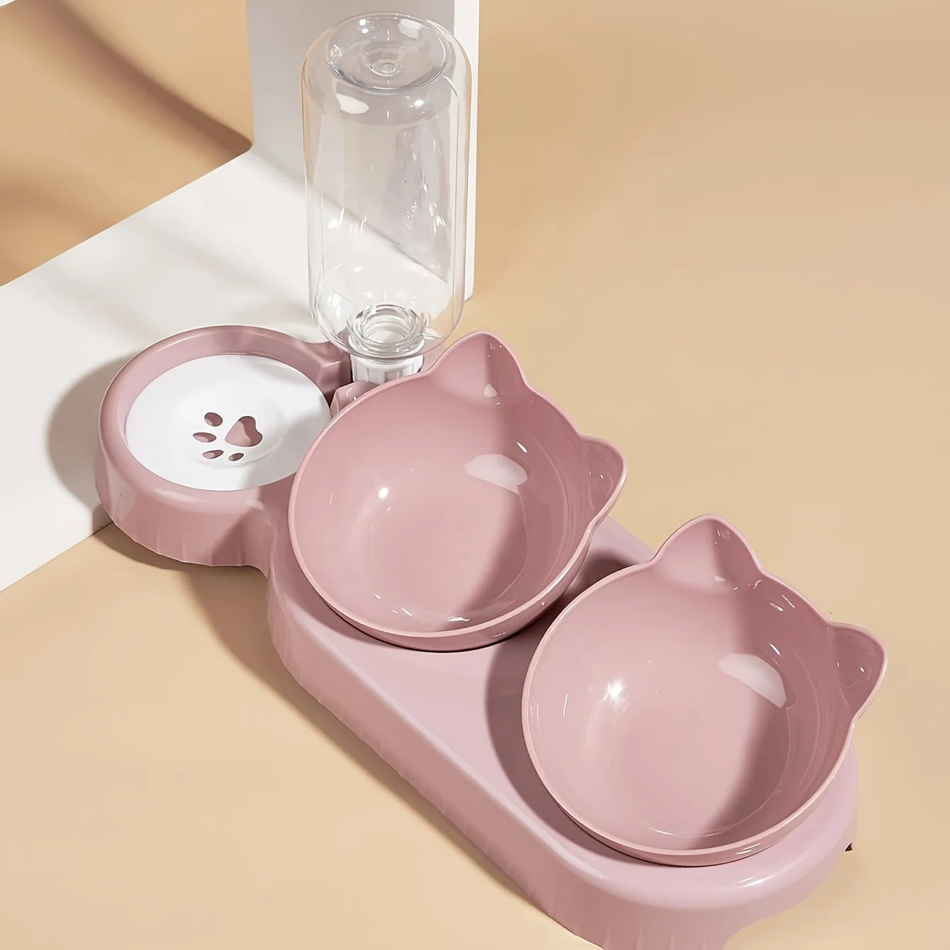 3-in-1 Tilted Cat Bowl Set with Gravity Water Dispenser – Neck Protection Design