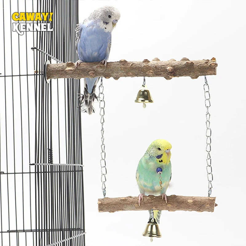Natural Wood Bird Perch Stand – Double-Layer Parrot Toy with Beak & Claw Grinder
