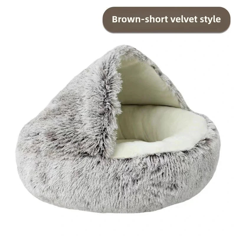 2-in-1 Plush Pet Bed with Hooded Shell – Warm & Cozy Cat and Dog Nest