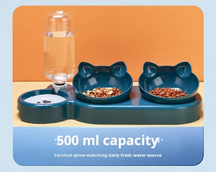 3-in-1 Tilted Cat Bowl Set with Gravity Water Dispenser – Neck Protection Design