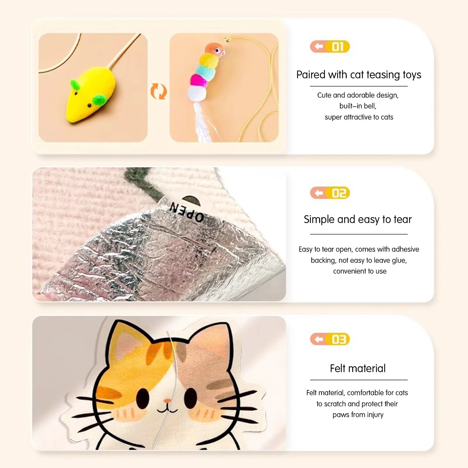 Wall-Mounted Felt Cat Scratcher with Hanging Toy