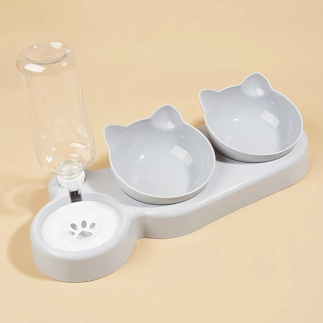 3-in-1 Tilted Cat Bowl Set with Gravity Water Dispenser – Neck Protection Design