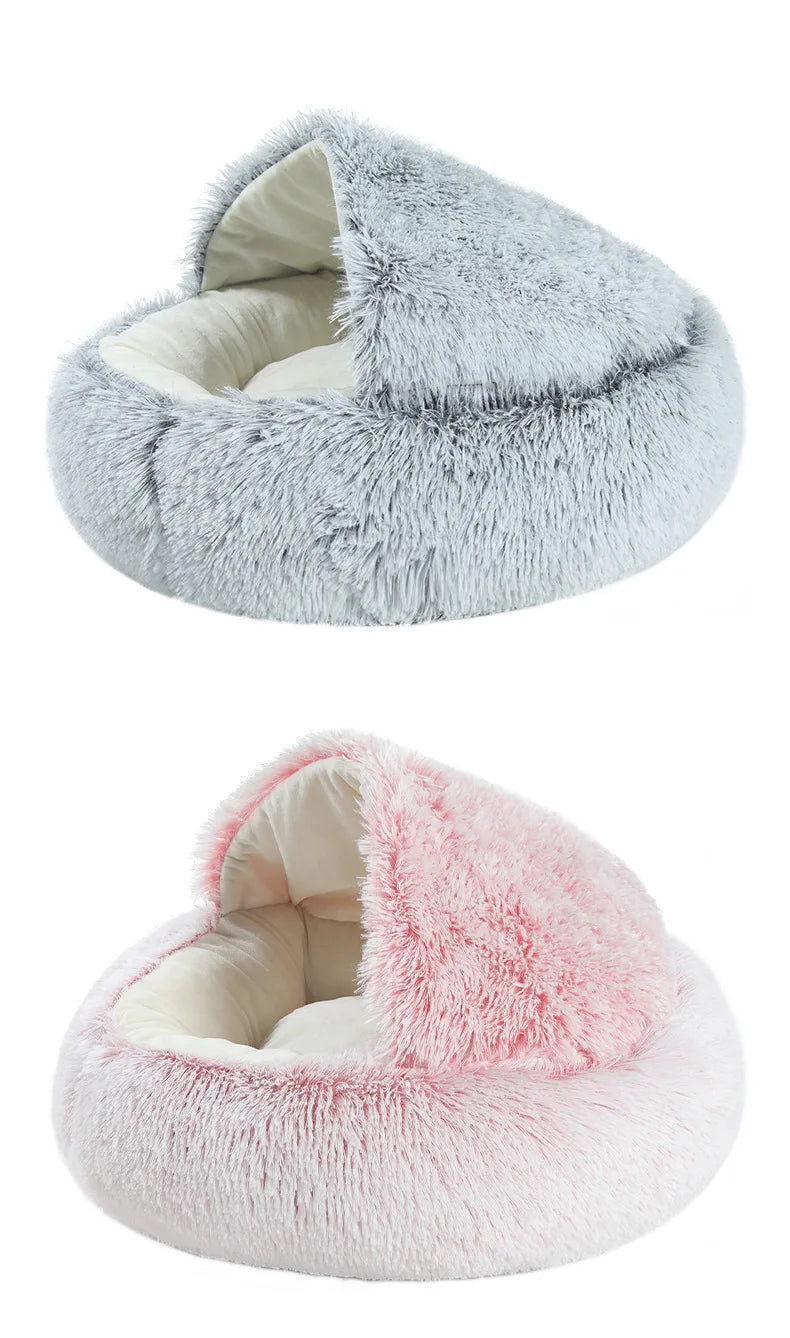 2-in-1 Plush Pet Bed with Hooded Shell – Warm & Cozy Cat and Dog Nest