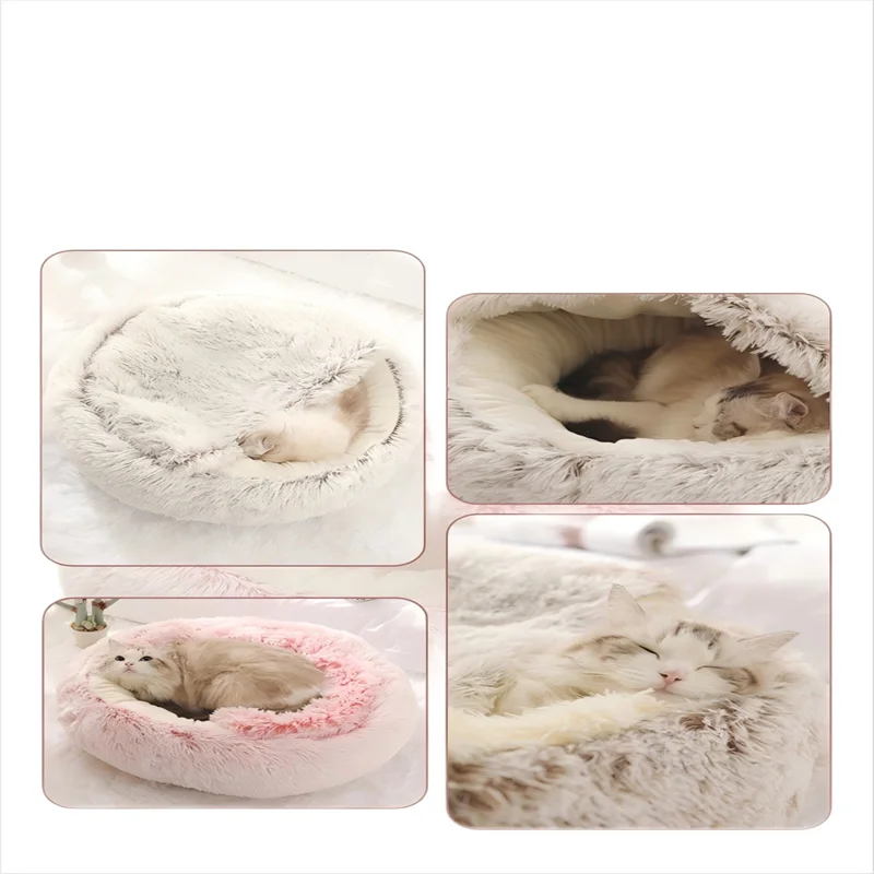 2-in-1 Plush Pet Bed with Hooded Shell – Warm & Cozy Cat and Dog Nest