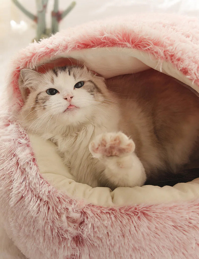 2-in-1 Plush Pet Bed with Hooded Shell – Warm & Cozy Cat and Dog Nest
