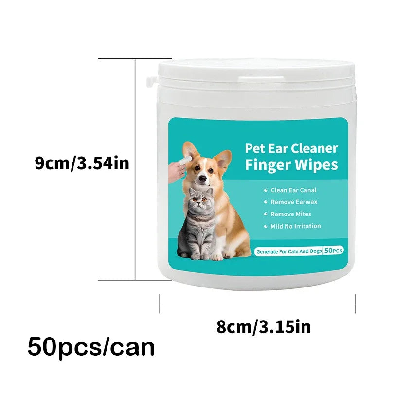 Pet Ear Cleaning Wipes – 50-Pack Fingertip Wipes for Ear Mite Removal in Cats & Dogs