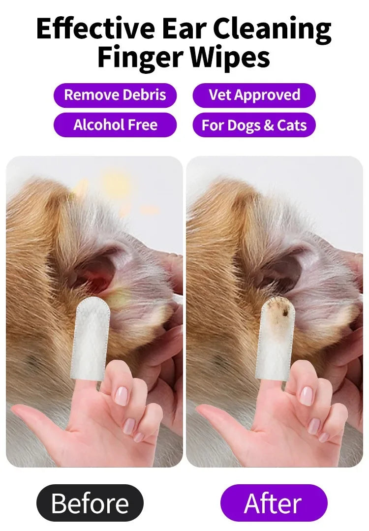 Pet Ear Cleaning Wipes – 50-Pack Fingertip Wipes for Ear Mite Removal in Cats & Dogs