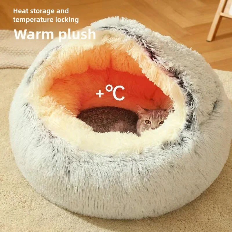 2-in-1 Plush Pet Bed with Hooded Shell – Warm & Cozy Cat and Dog Nest