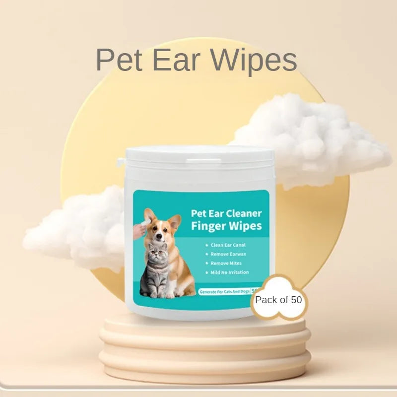 Pet Ear Cleaning Wipes – 50-Pack Fingertip Wipes for Ear Mite Removal in Cats & Dogs