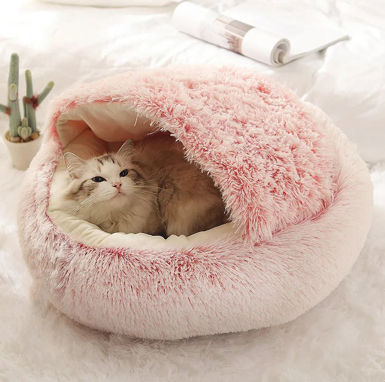 2-in-1 Plush Pet Bed with Hooded Shell – Warm & Cozy Cat and Dog Nest
