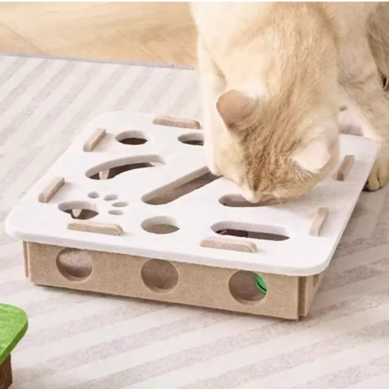 Interactive Cat Maze Toy with Bell Ball — Felt Puzzle Box
