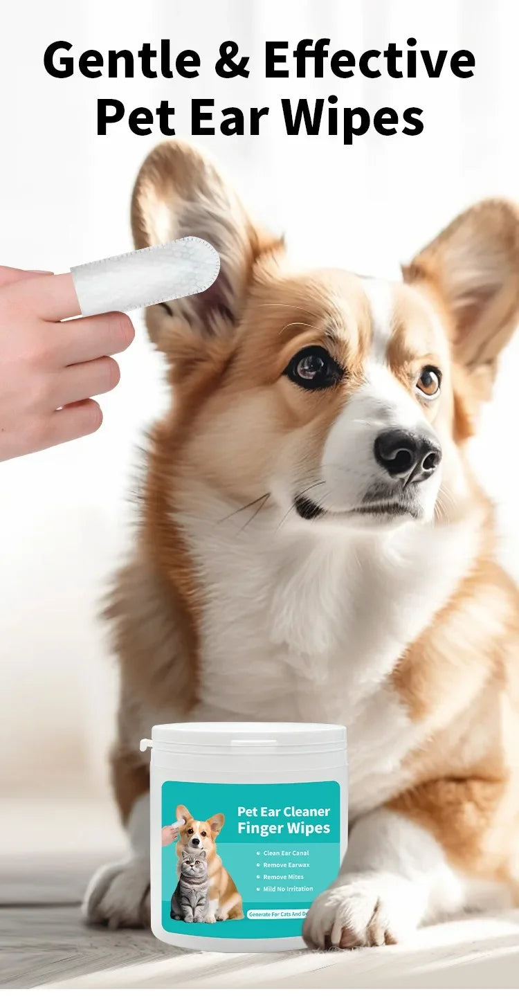 Pet Ear Cleaning Wipes – 50-Pack Fingertip Wipes for Ear Mite Removal in Cats & Dogs
