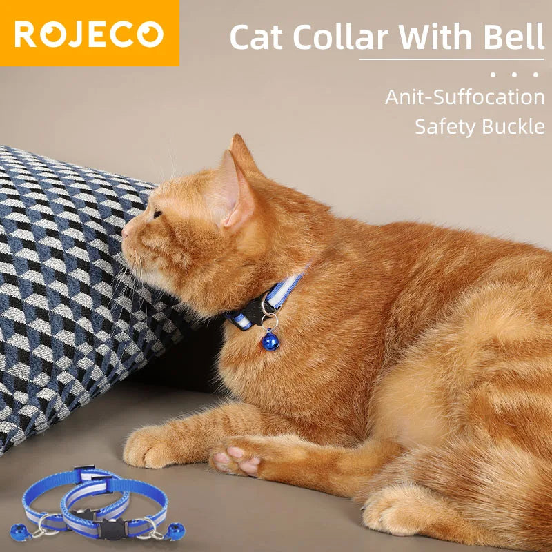 ROJECO Adjustable Cat Collar with Bell & Reflective Strip – Safety Breakaway Necklace for Cats & Kittens
