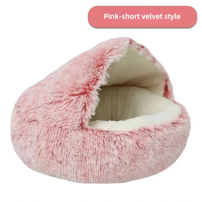 2-in-1 Plush Pet Bed with Hooded Shell – Warm & Cozy Cat and Dog Nest