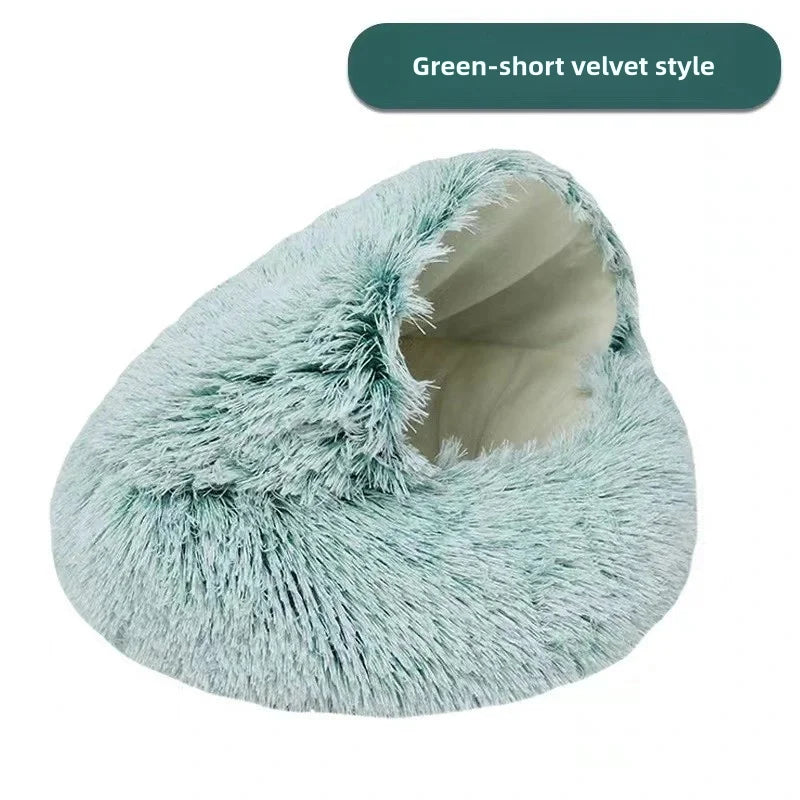 2-in-1 Plush Pet Bed with Hooded Shell – Warm & Cozy Cat and Dog Nest