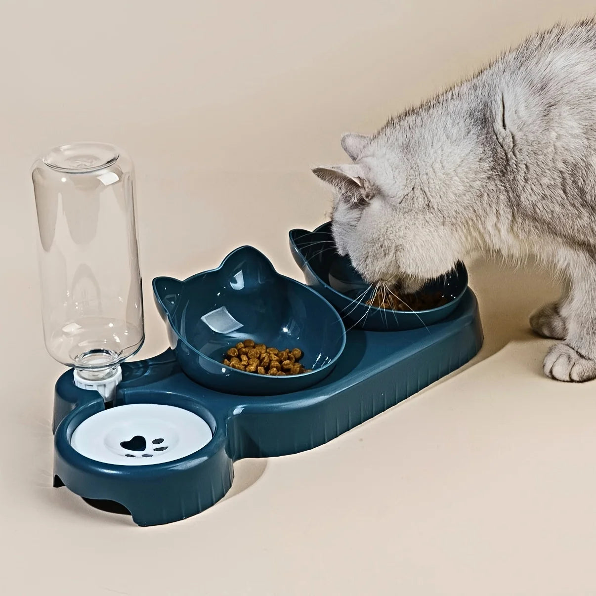 3-in-1 Tilted Cat Bowl Set with Gravity Water Dispenser – Neck Protection Design