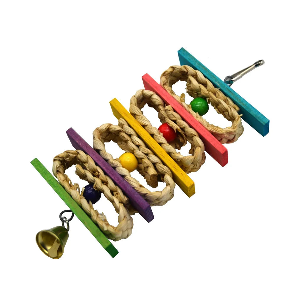 Colorful Rope & Wood Bird Toy – Climbing, Chewing & Foraging Enrichment