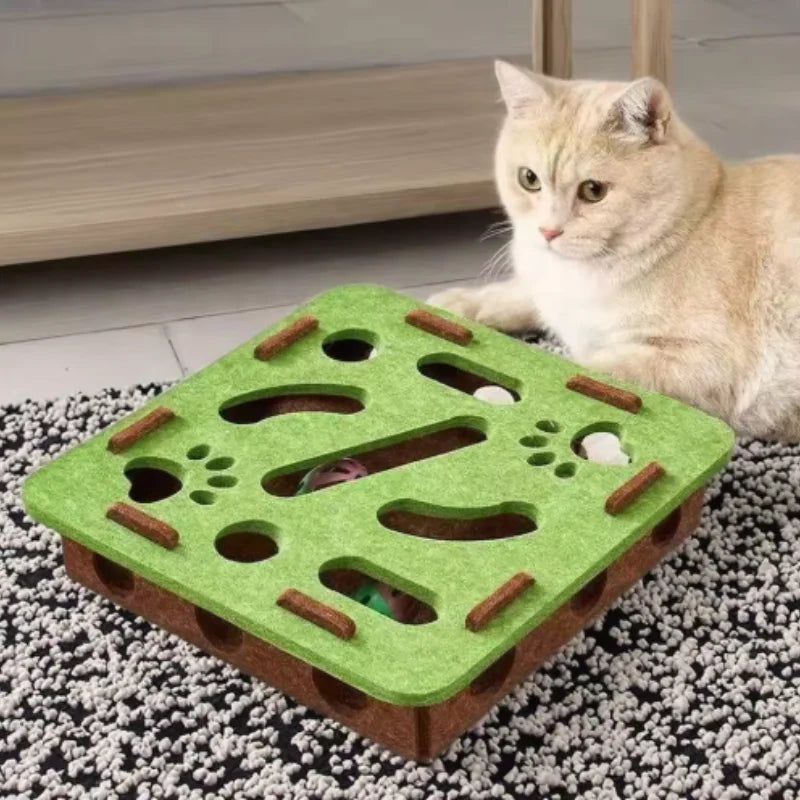 Interactive Cat Maze Toy with Bell Ball — Felt Puzzle Box