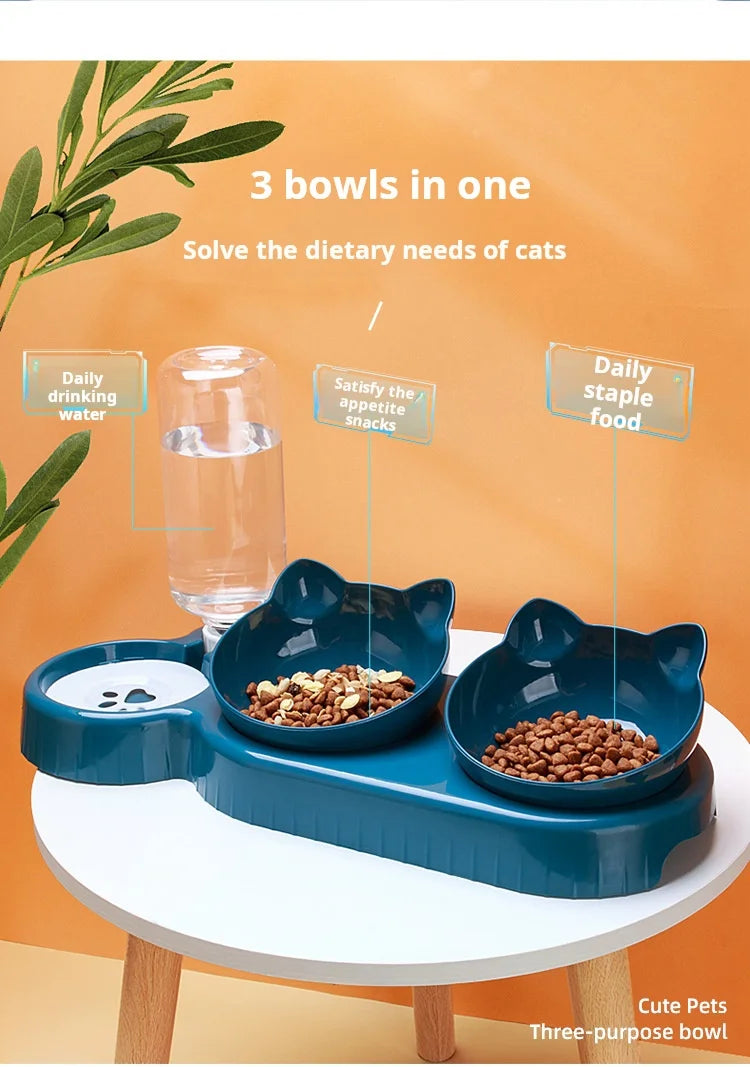 3-in-1 Tilted Cat Bowl Set with Gravity Water Dispenser – Neck Protection Design