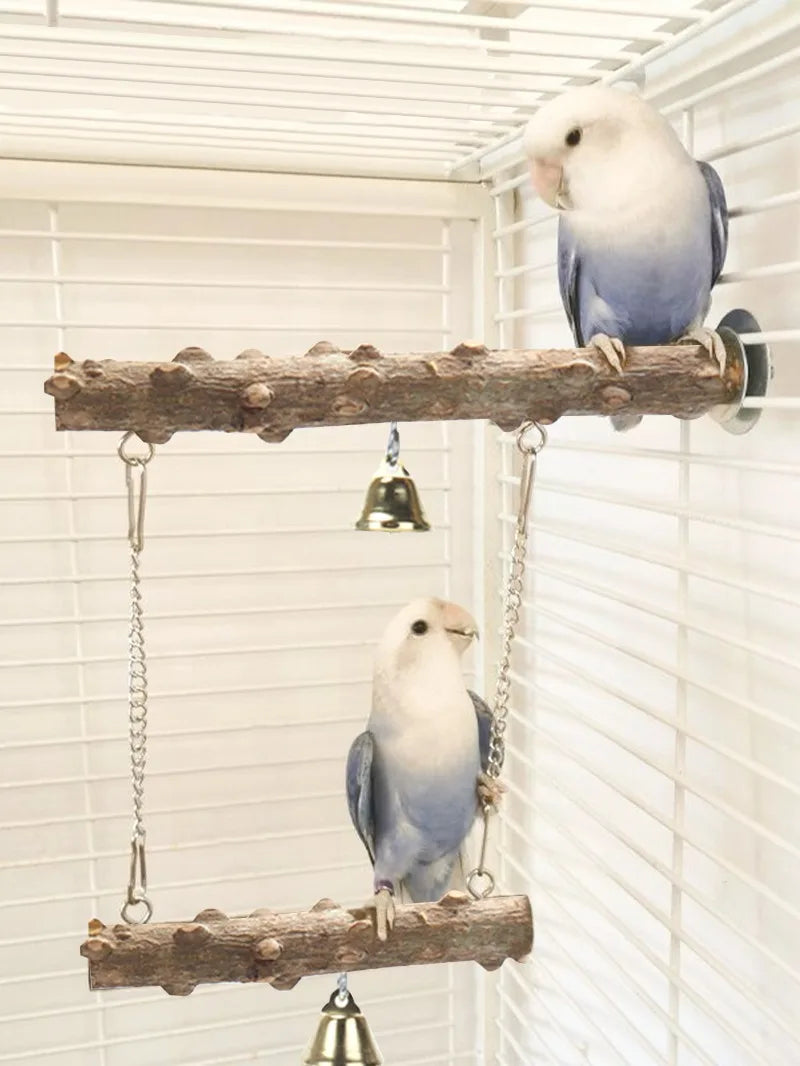 Natural Wood Bird Perch Stand – Double-Layer Parrot Toy with Beak & Claw Grinder