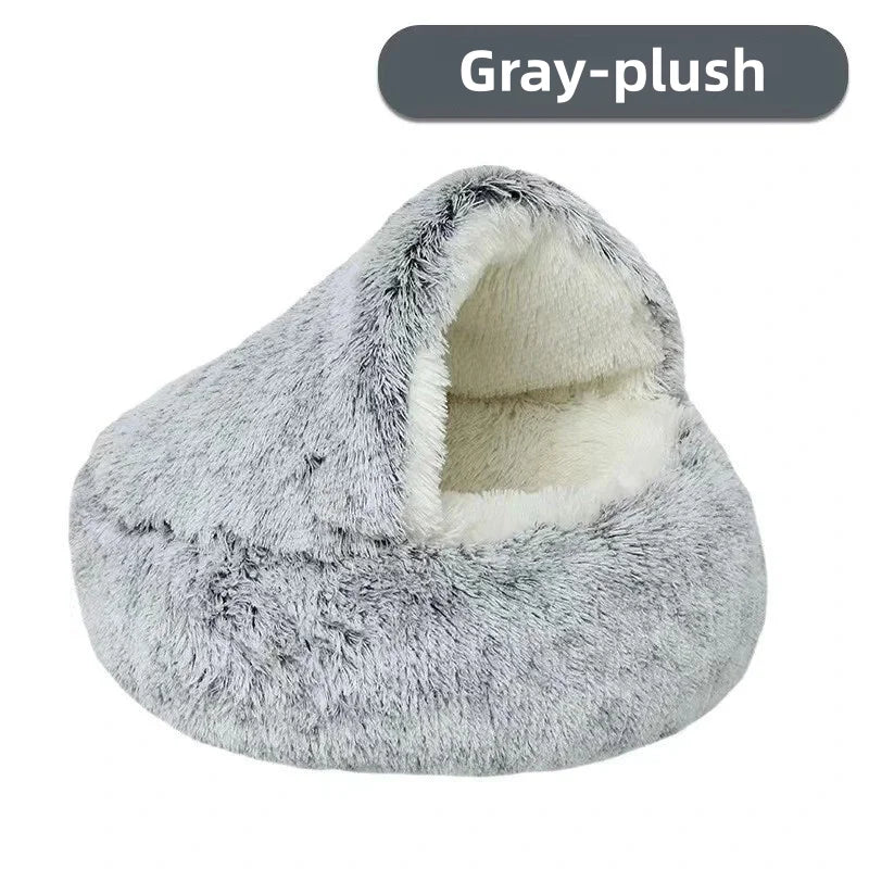 2-in-1 Plush Pet Bed with Hooded Shell – Warm & Cozy Cat and Dog Nest