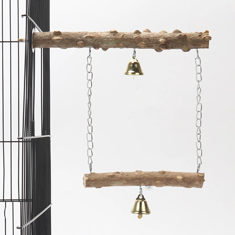 Natural Wood Bird Perch Stand – Double-Layer Parrot Toy with Beak & Claw Grinder