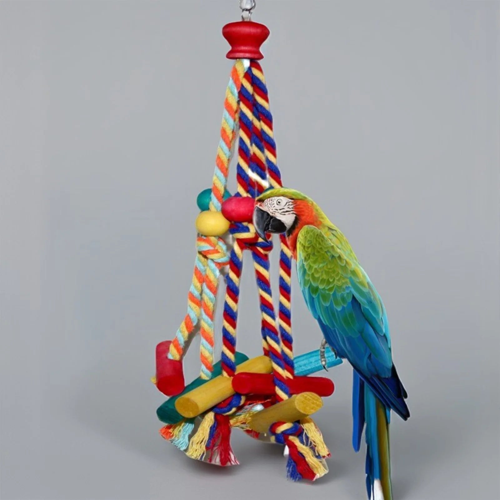 Colorful Rope & Wood Bird Toy – Climbing, Chewing & Foraging Enrichment