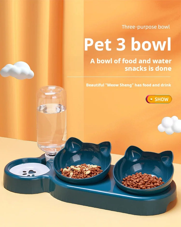 3-in-1 Tilted Cat Bowl Set with Gravity Water Dispenser – Neck Protection Design