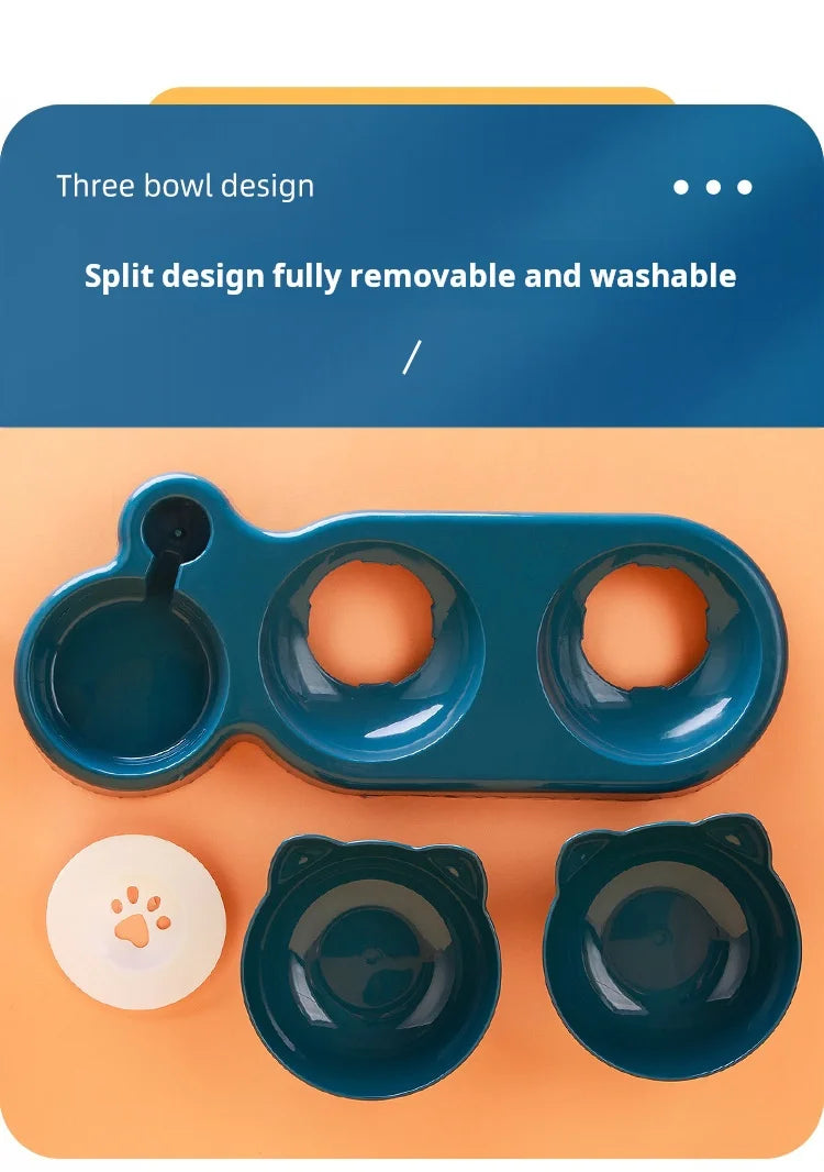 3-in-1 Tilted Cat Bowl Set with Gravity Water Dispenser – Neck Protection Design