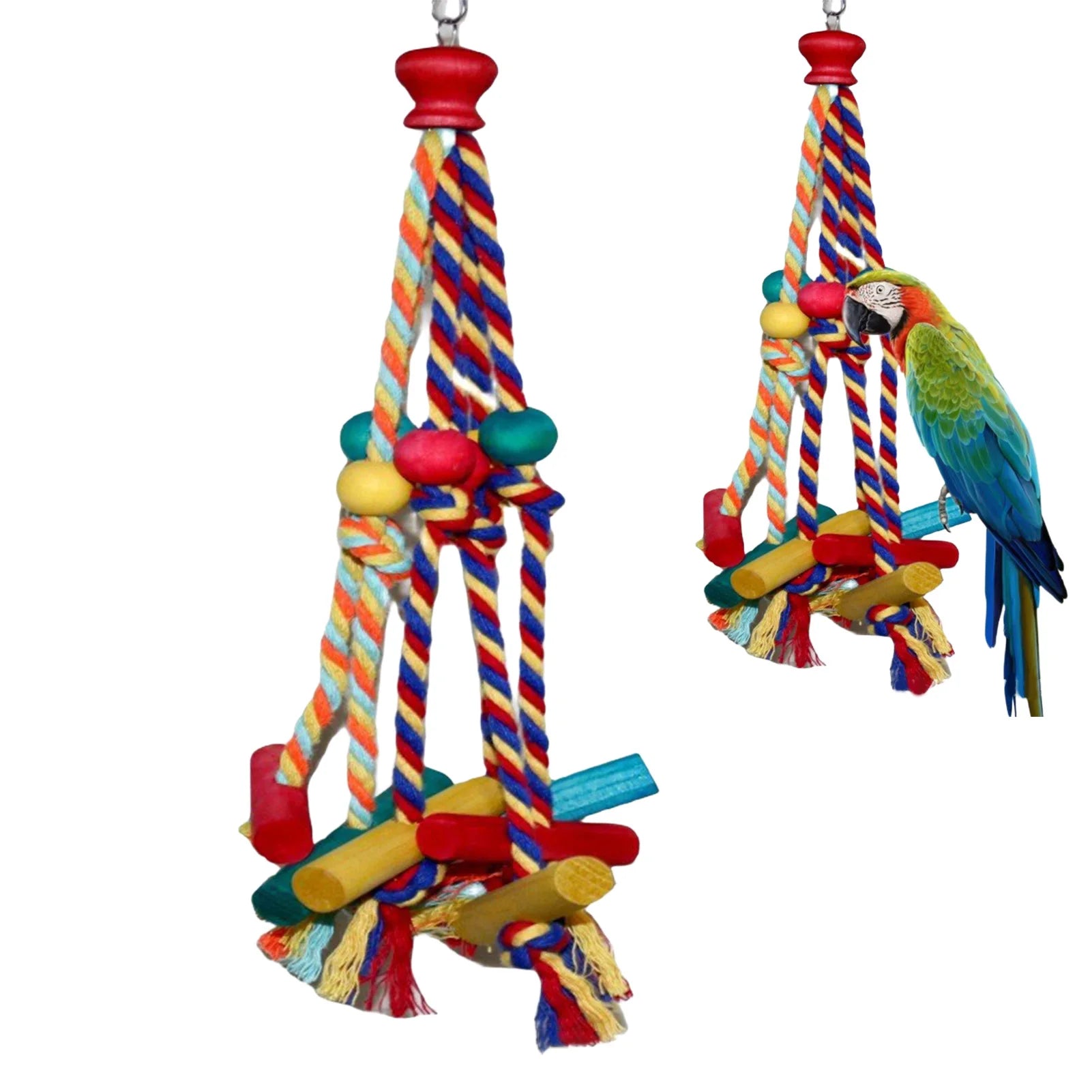 Colorful Rope & Wood Bird Toy – Climbing, Chewing & Foraging Enrichment