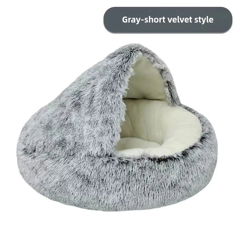 2-in-1 Plush Pet Bed with Hooded Shell – Warm & Cozy Cat and Dog Nest