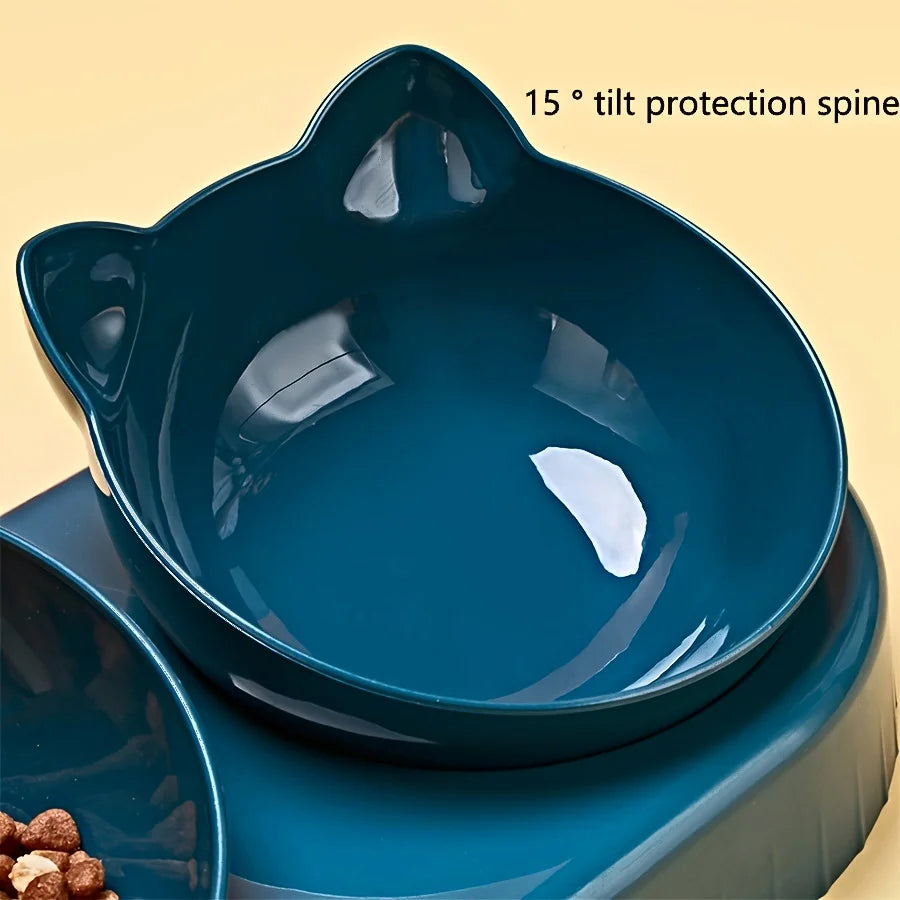 3-in-1 Tilted Cat Bowl Set with Gravity Water Dispenser – Neck Protection Design