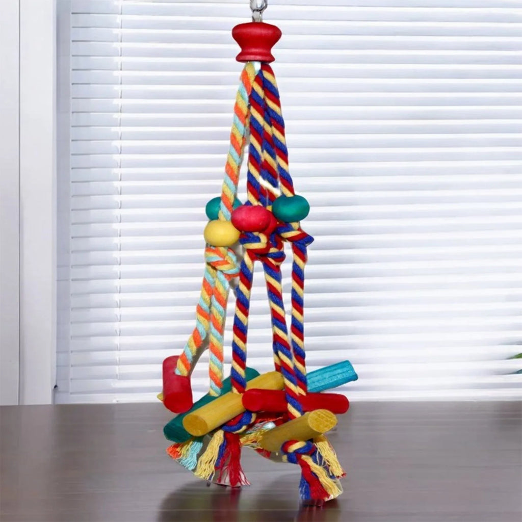 Colorful Rope & Wood Bird Toy – Climbing, Chewing & Foraging Enrichment