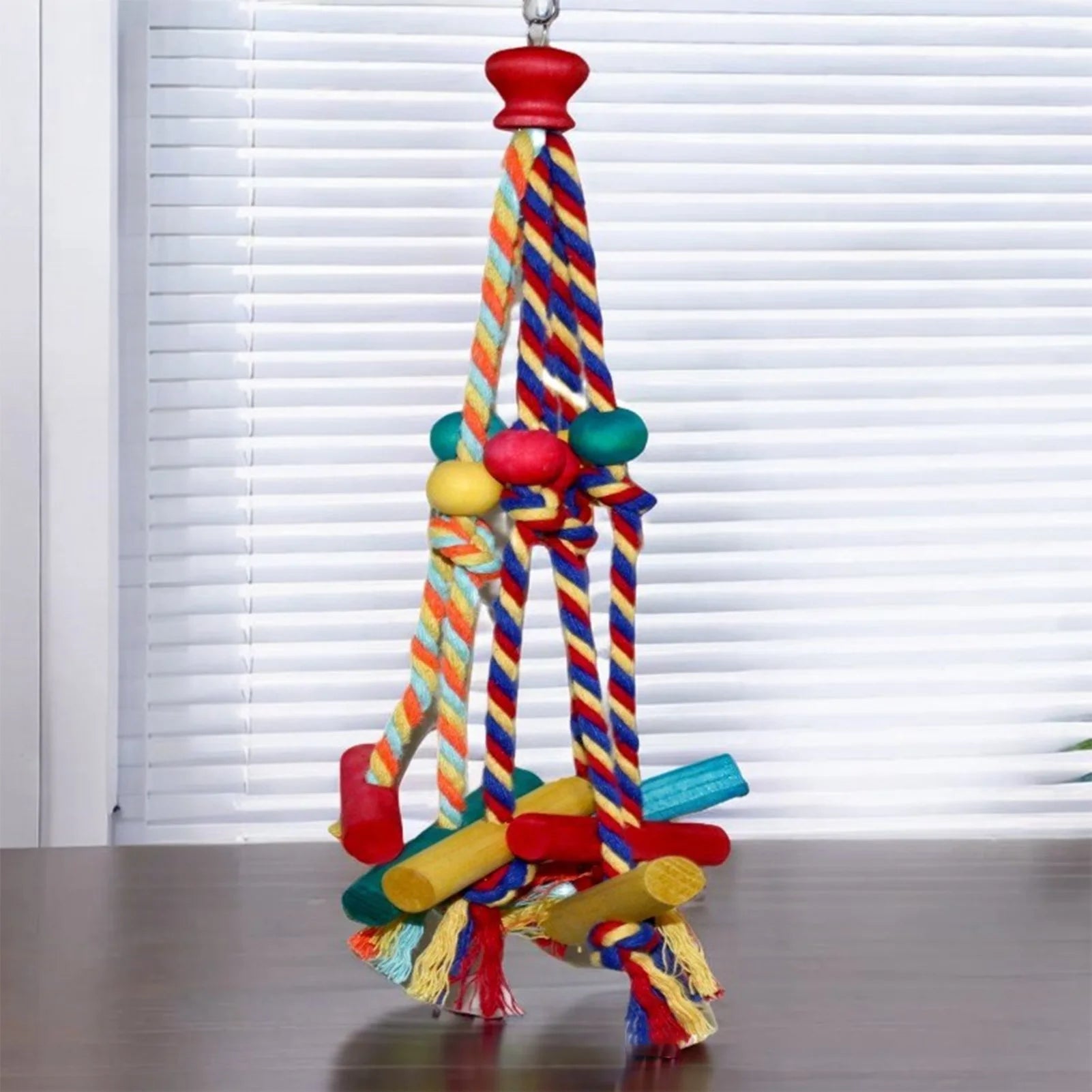 Colorful Rope & Wood Bird Toy – Climbing, Chewing & Foraging Enrichment