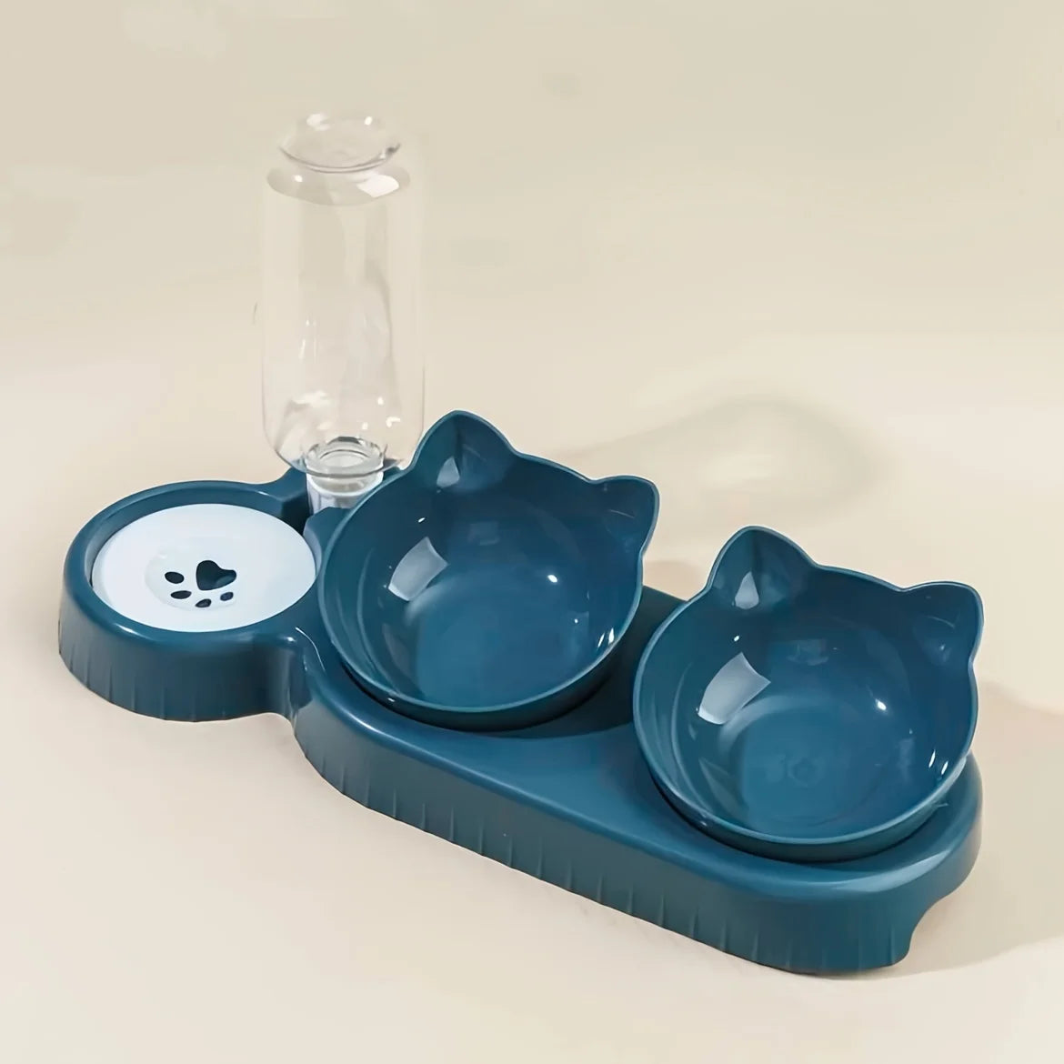 3-in-1 Tilted Cat Bowl Set with Gravity Water Dispenser – Neck Protection Design